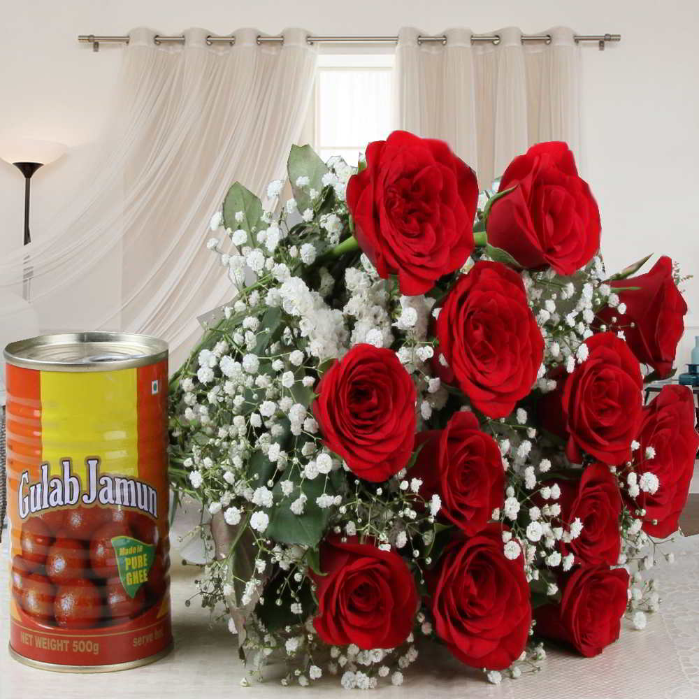 Delicious Gulab Jamun with Red Roses Bouquet Combo