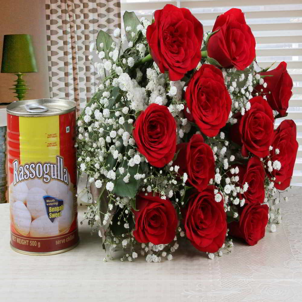 Charming Red Roses Bouquet with Rasgulla Combo