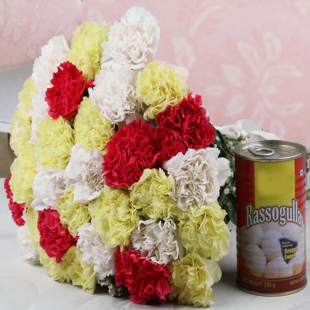 Bouquet of Carnations and Rasgulla Sweets