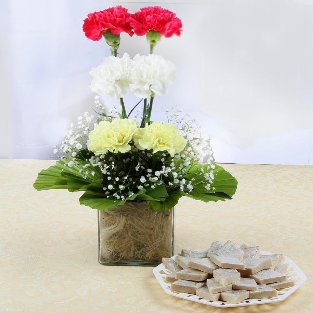 Charming Carnations in Vase with Kaju Katli Sweets