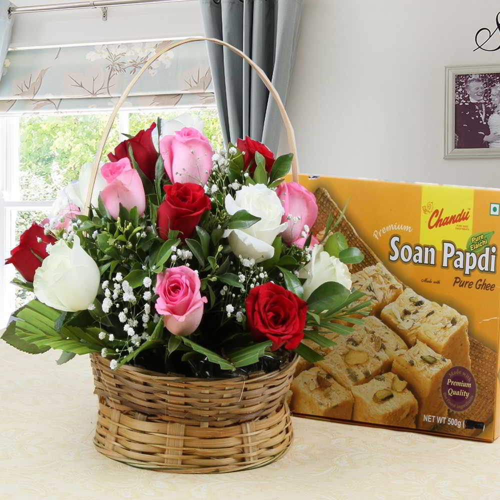 Soan Papdi Sweet with Roses Arrangement