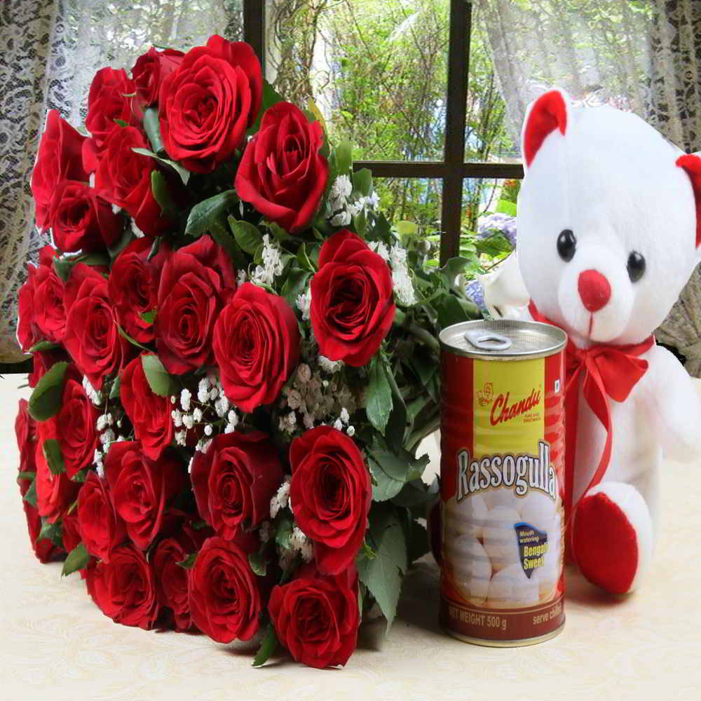 Red Roses Bouquet with Teddy Bear and Rasgulla Sweet