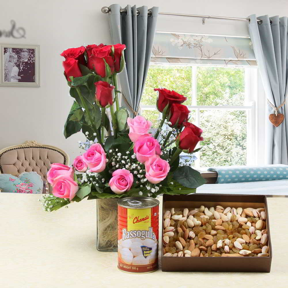 Mix Roses in Glass Vase with Assorted Dry Fruits and Rasgulla