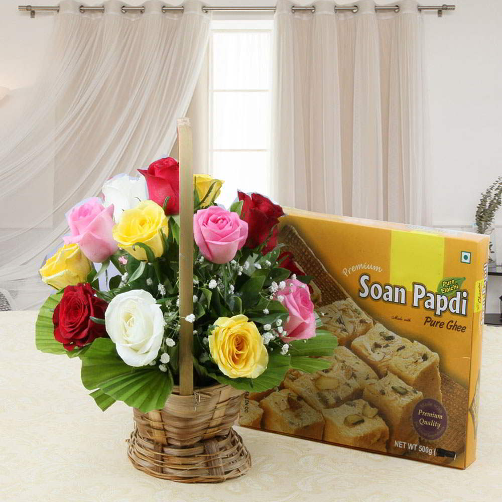 Combo of Soan Papdi Sweet with Colorful Roses Basket Arrangement