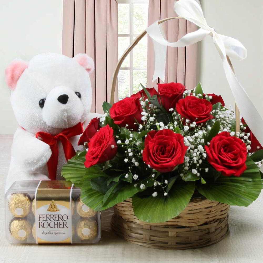 Basket of Roses with Teddy and Ferrero Rocher Chocolate