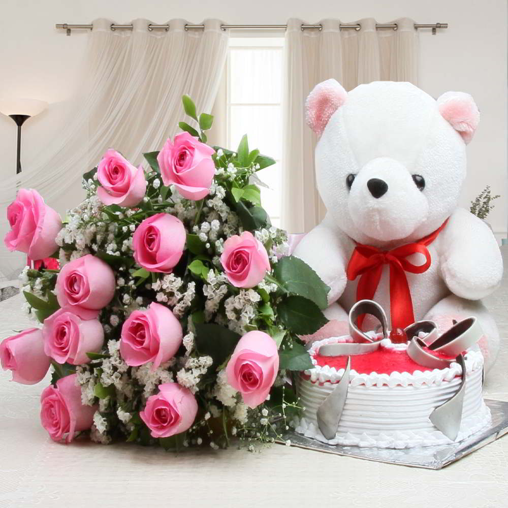 One Dozen of Pink Roses with Strawberry Cake and Teddy
