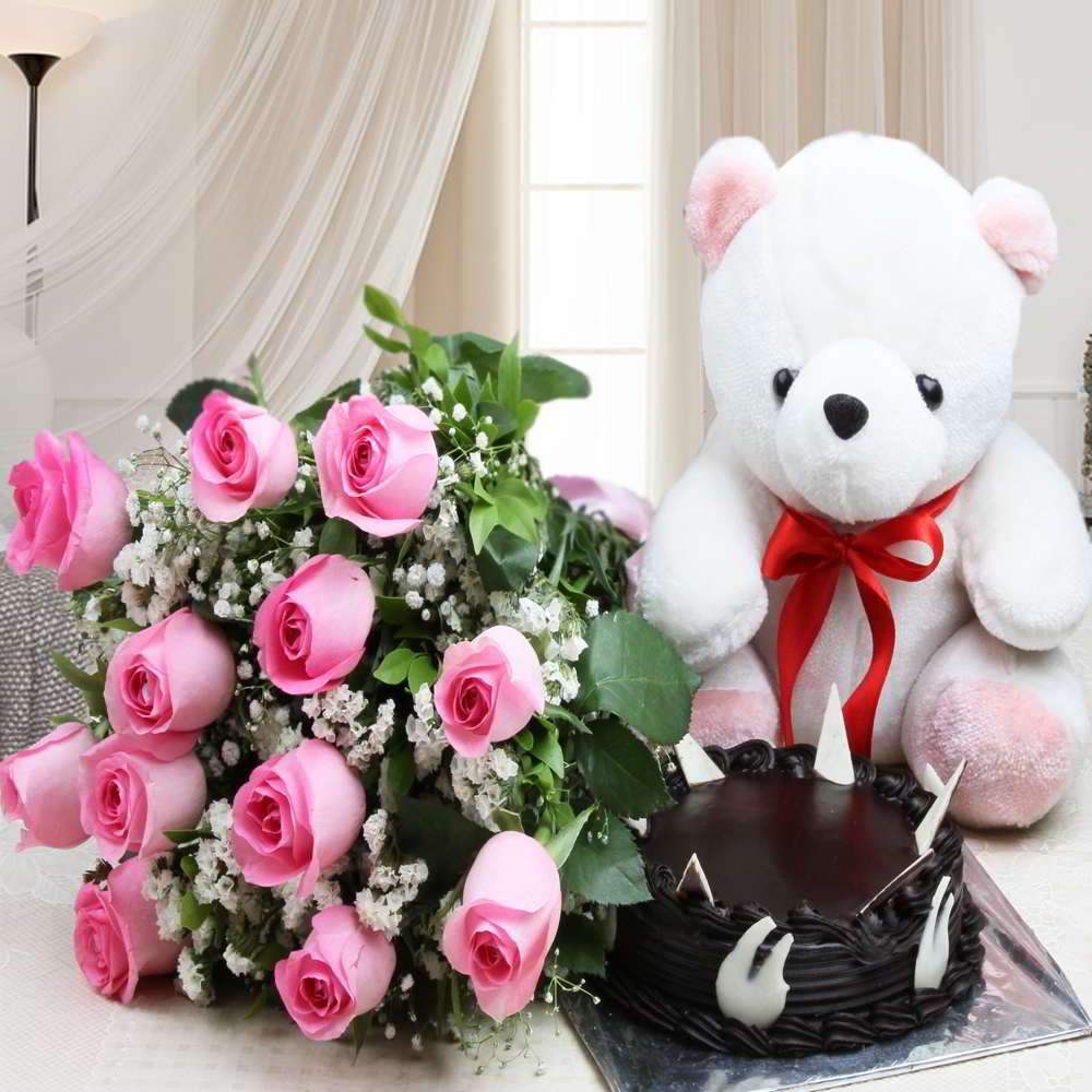 Chocolate Cake with Teddy and Roses Bouquet