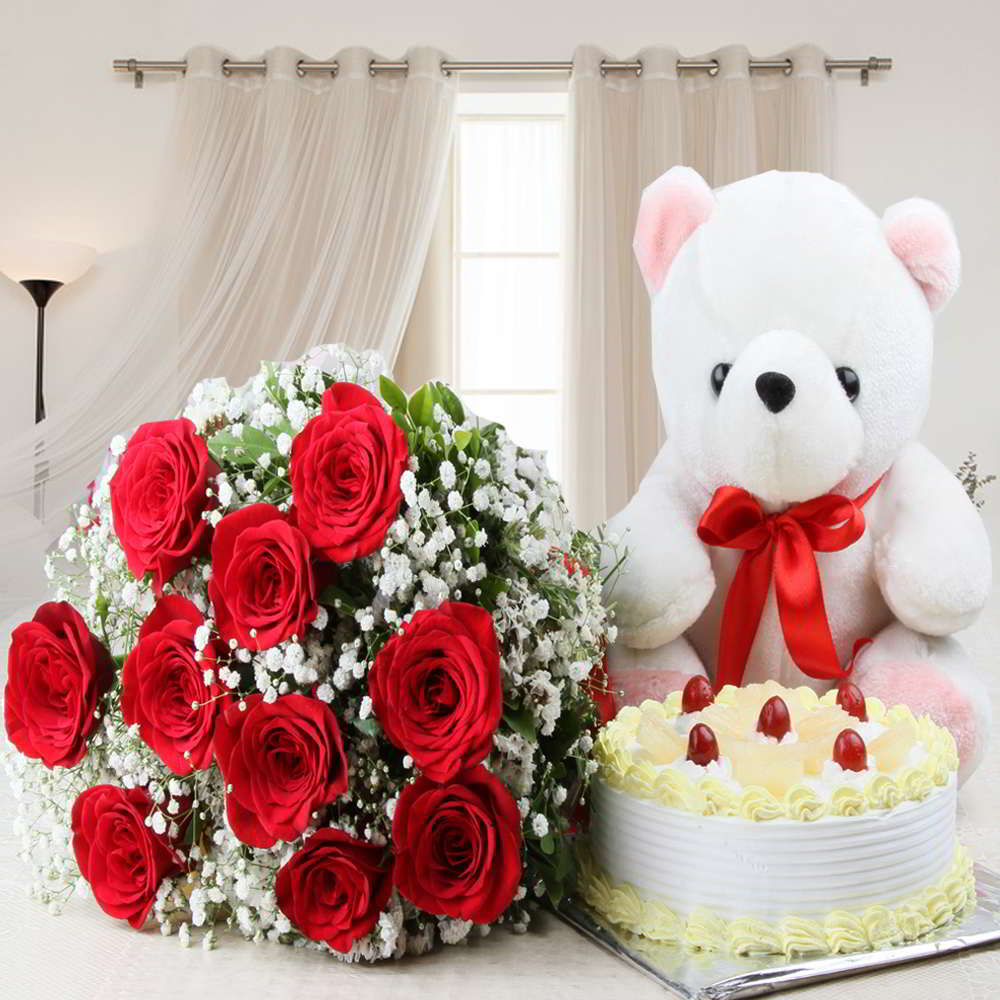 Half Kg Pineapple Cake and Red Roses with Teddy Bear