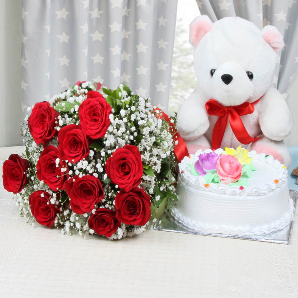 Half Kg Vanilla Cake with Ten Red Roses and Teddy Bear