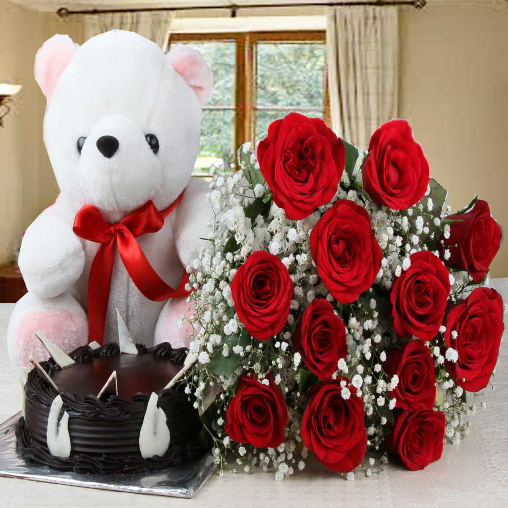 Bouquet of Red Roses and Chocolate Cake with Teddy Bear