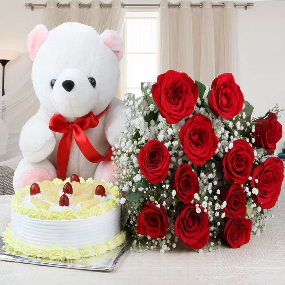 Twelve Red Roses with Pineapple Cake and Cute Teddy Bear