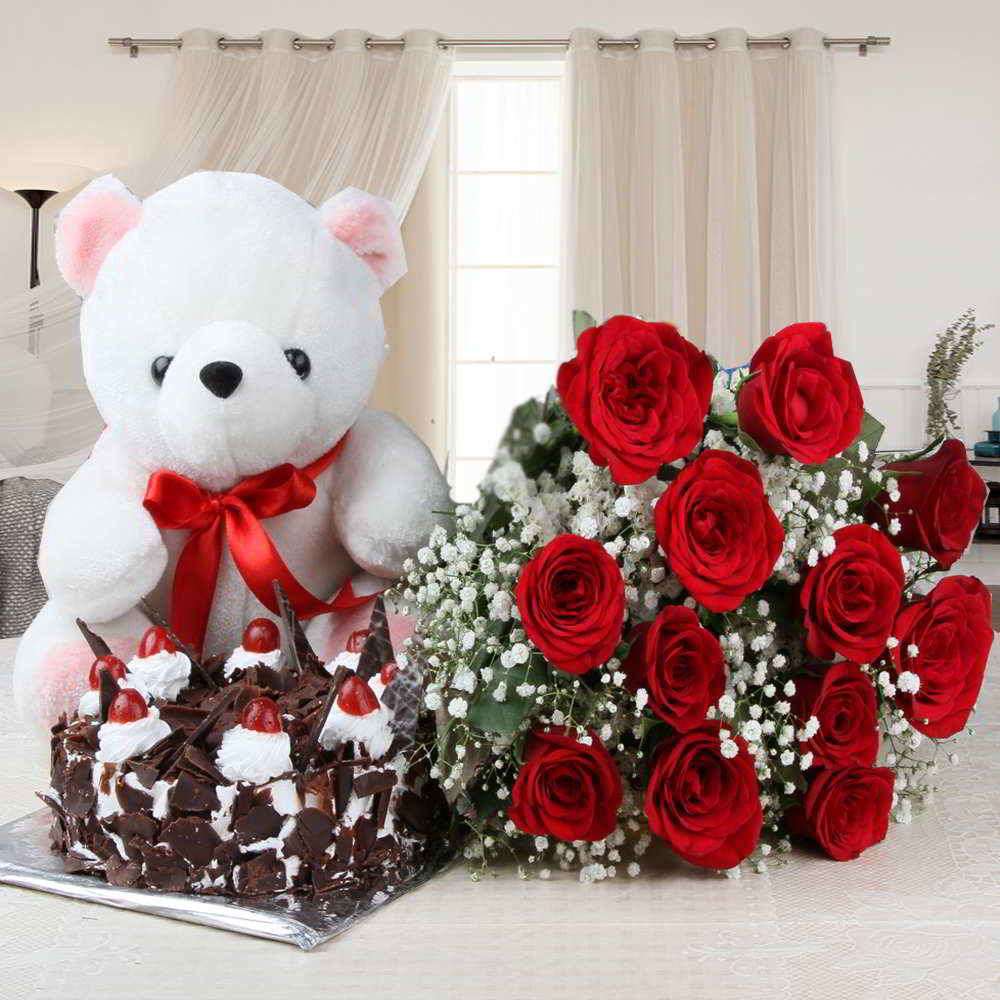 Twelve Red Roses and Black Forest Cake with Teddy