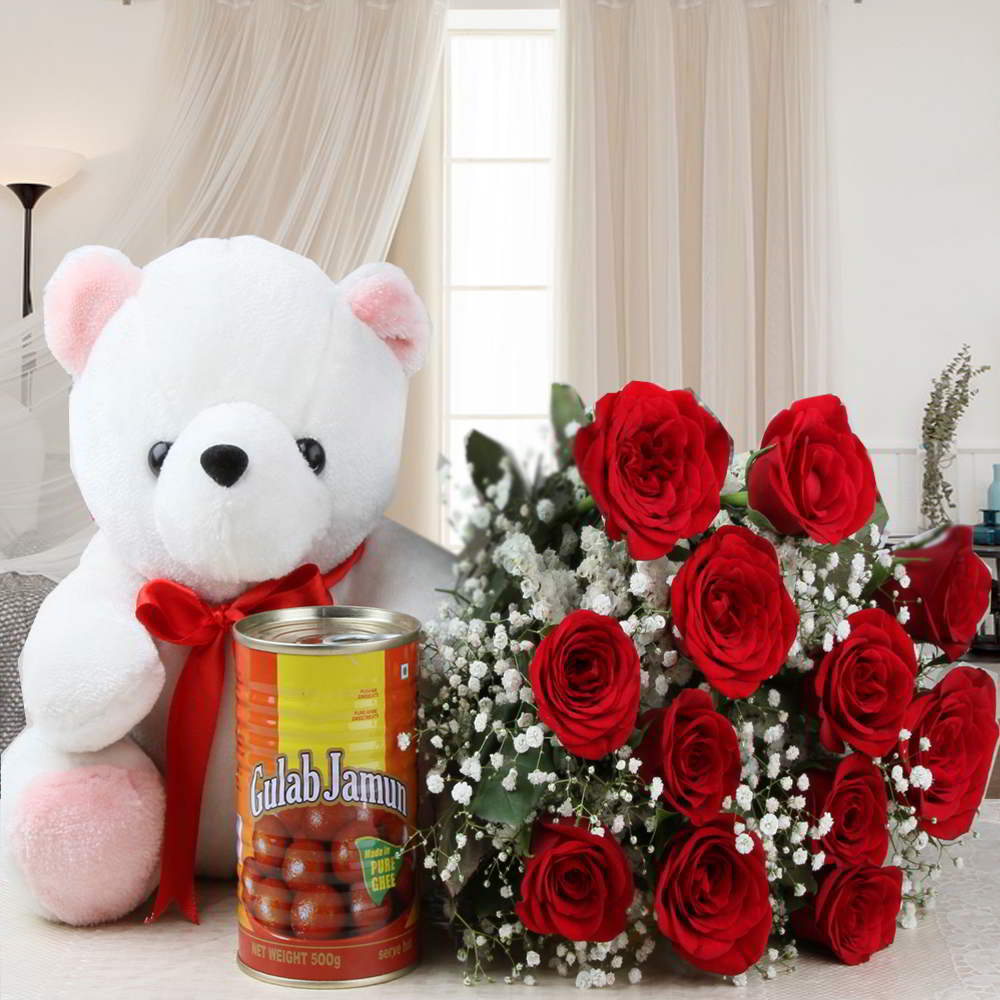 Twelve Roses Bouquet and Teddy Bear with Tasty Gulab Jamuns