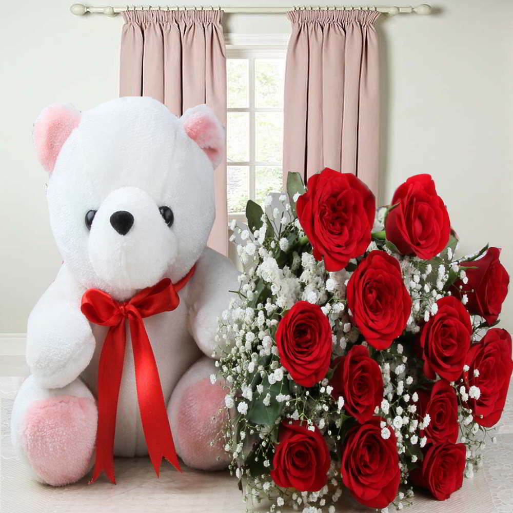 Beautiful Cute Teddy Bear and Red Roses Bouquet