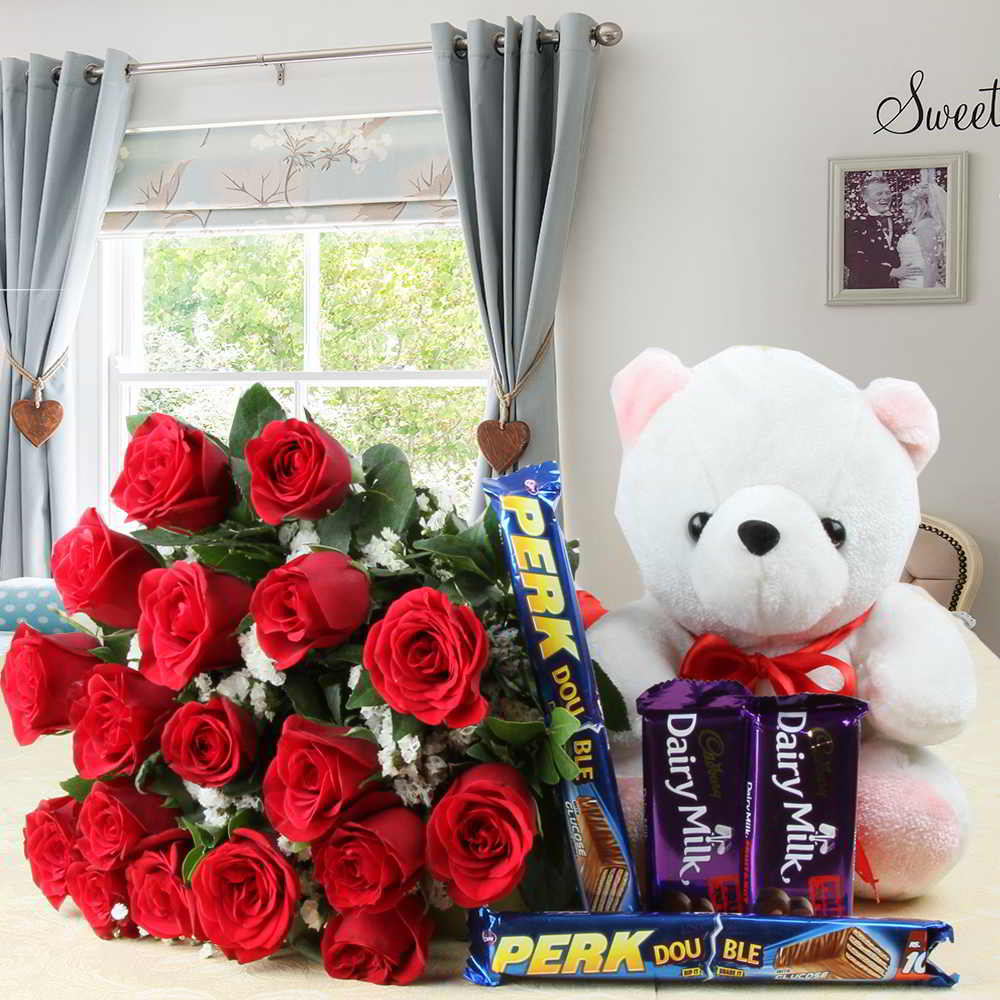 Red Roses Bouquet and Assorted Chocolate Bars with Soft Toy