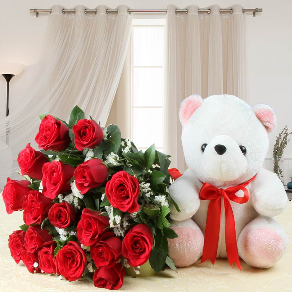 Cute Teddy Bear with Eighteen Red Roses