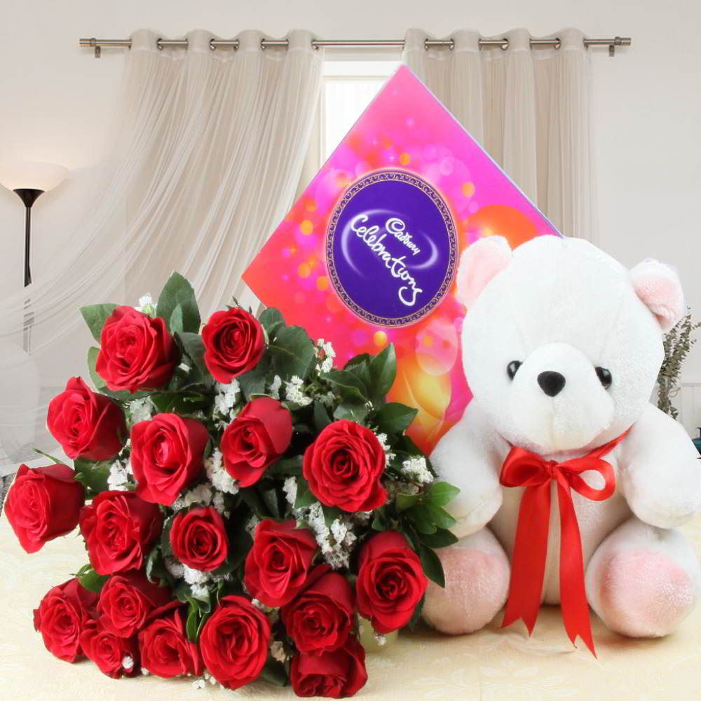 Cadbury Celebration Chocolate Pack and Red Roses with Soft Toy