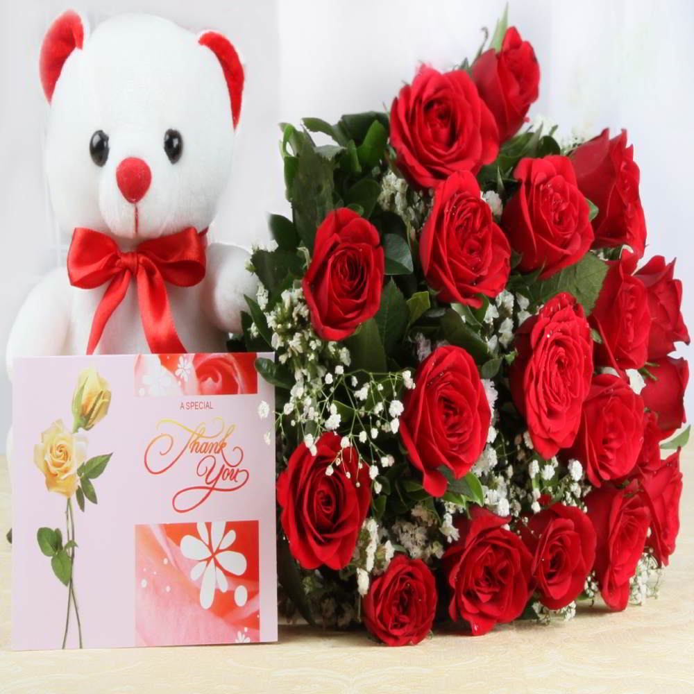 Greeting Card with Red Roses and Cute Teddy Soft Toy