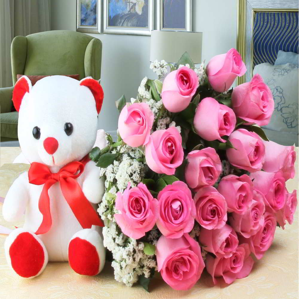 Marvellous Twenty Pink Roses with Cute Teddy Bear