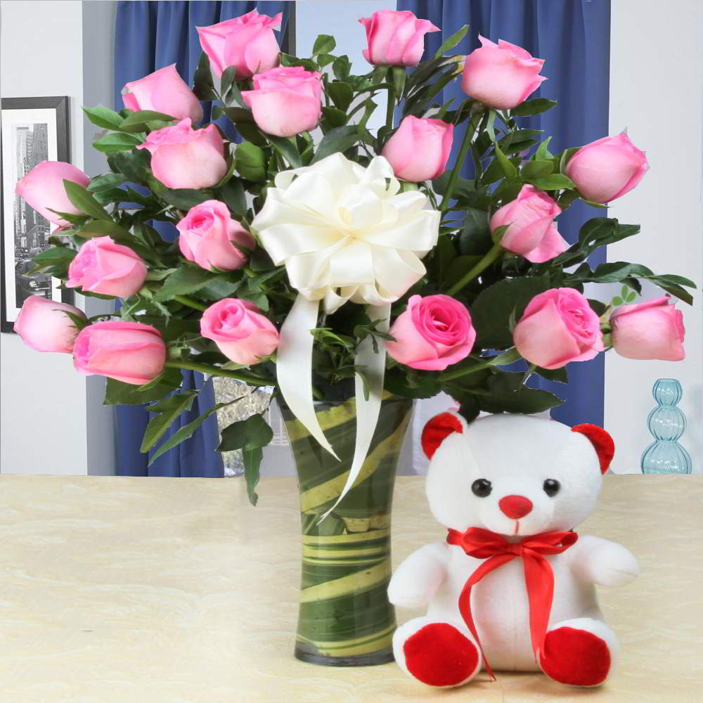 Teddy Bear with Pink Roses Arranged in Glass Vase
