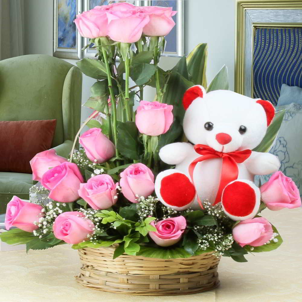 Arrangement of Fifteen Pink Roses and Cute Teddy Bear