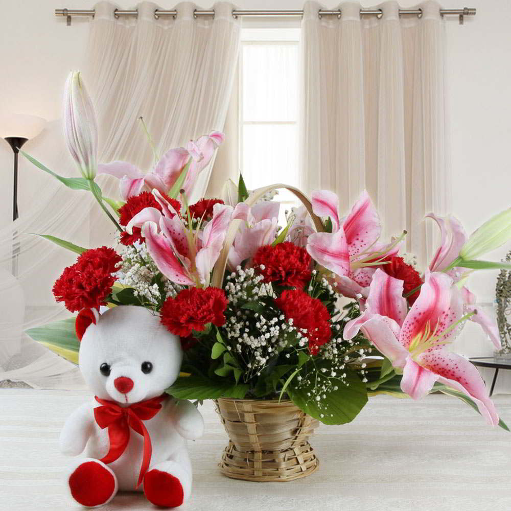 Combo of Exotic Flower Basket with Teddy Bear