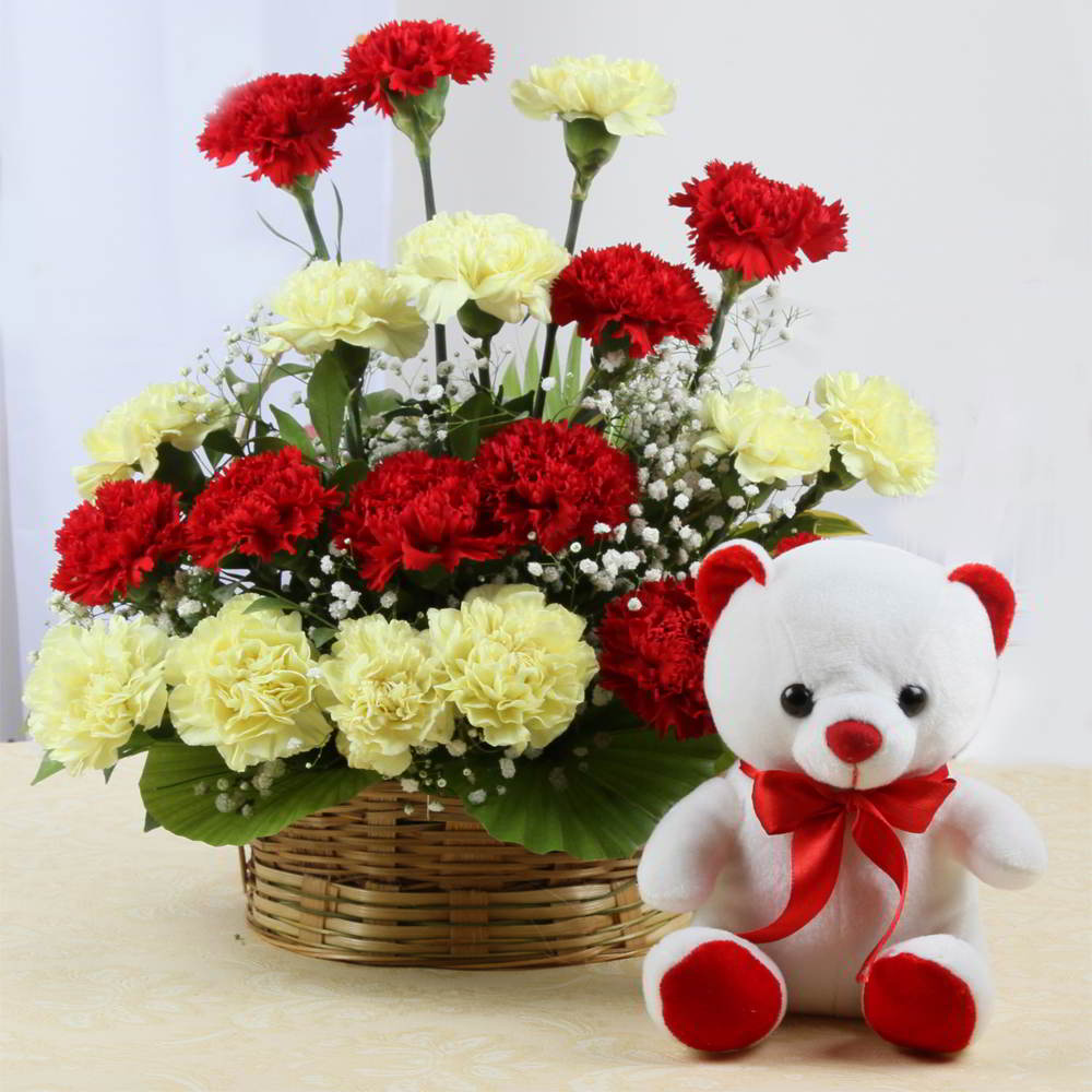 Teddy Bear with Basket Arrangement of Mix Carnations