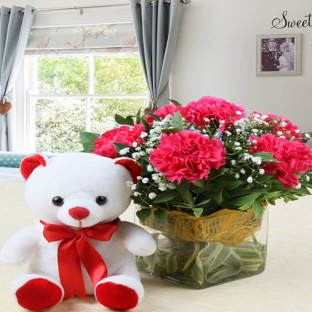 Teddy Bear with Vase of Pink Carnations