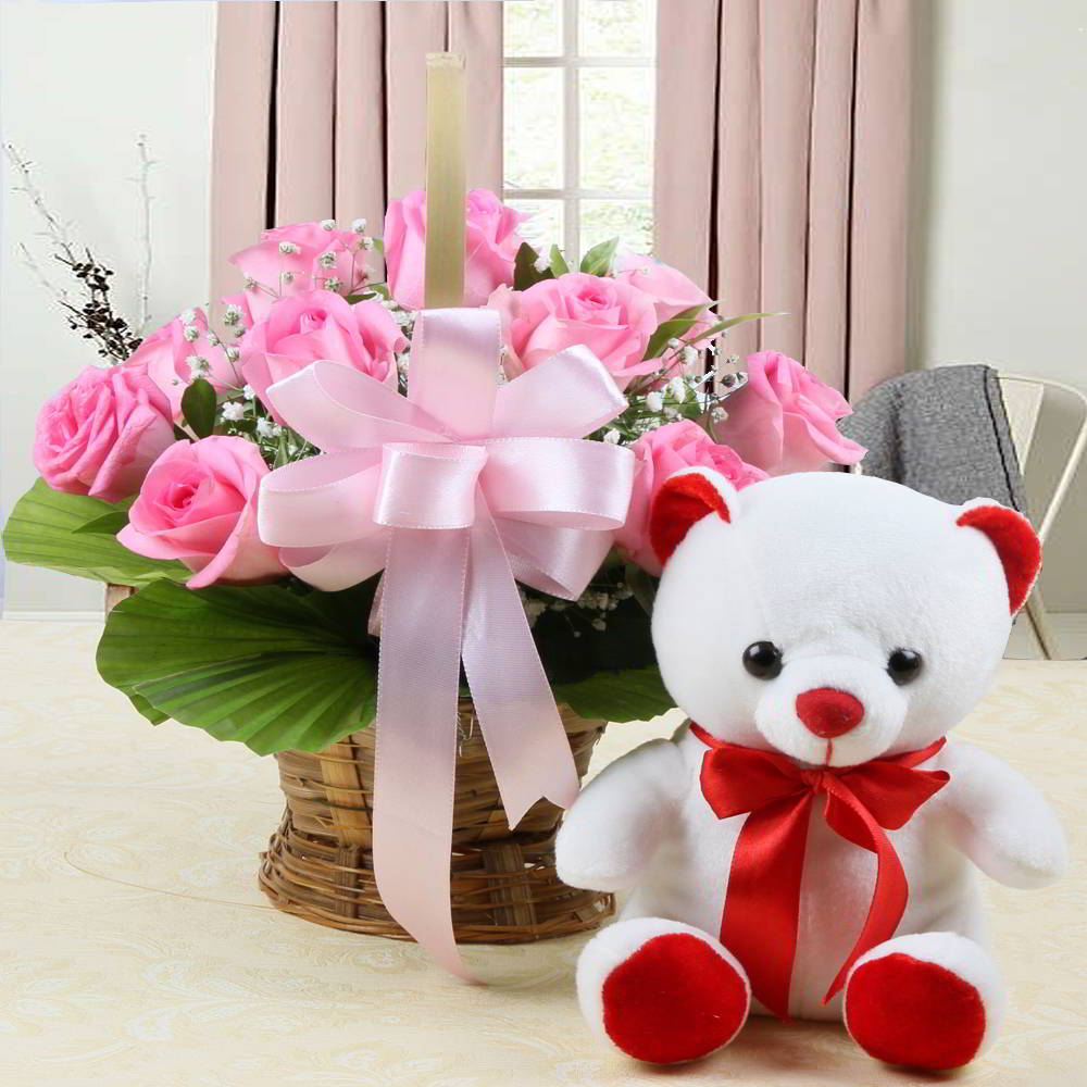 Basket Arrangement of Pink Roses with Teddy Bear