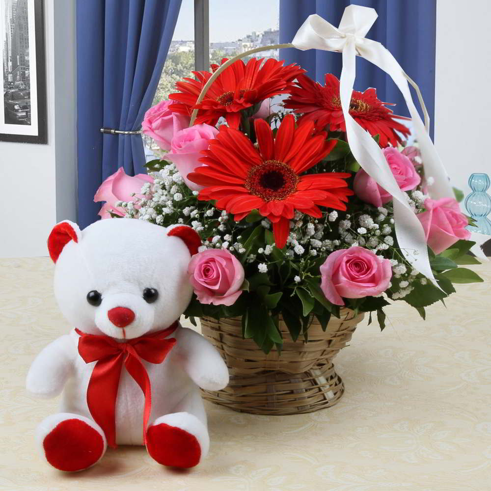 Teddy Bear with Mix Flowers Arrangement