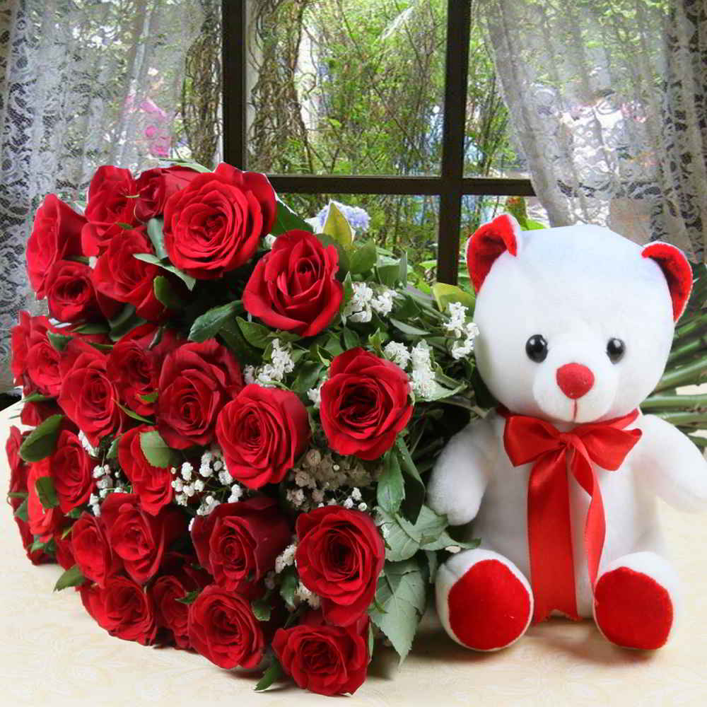 Thirty Red Roses Bouquet with Teddy Bear