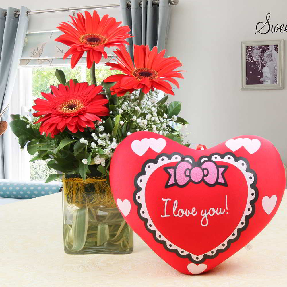 Vase of Red Gerberas with Heart Shape Small Cushion