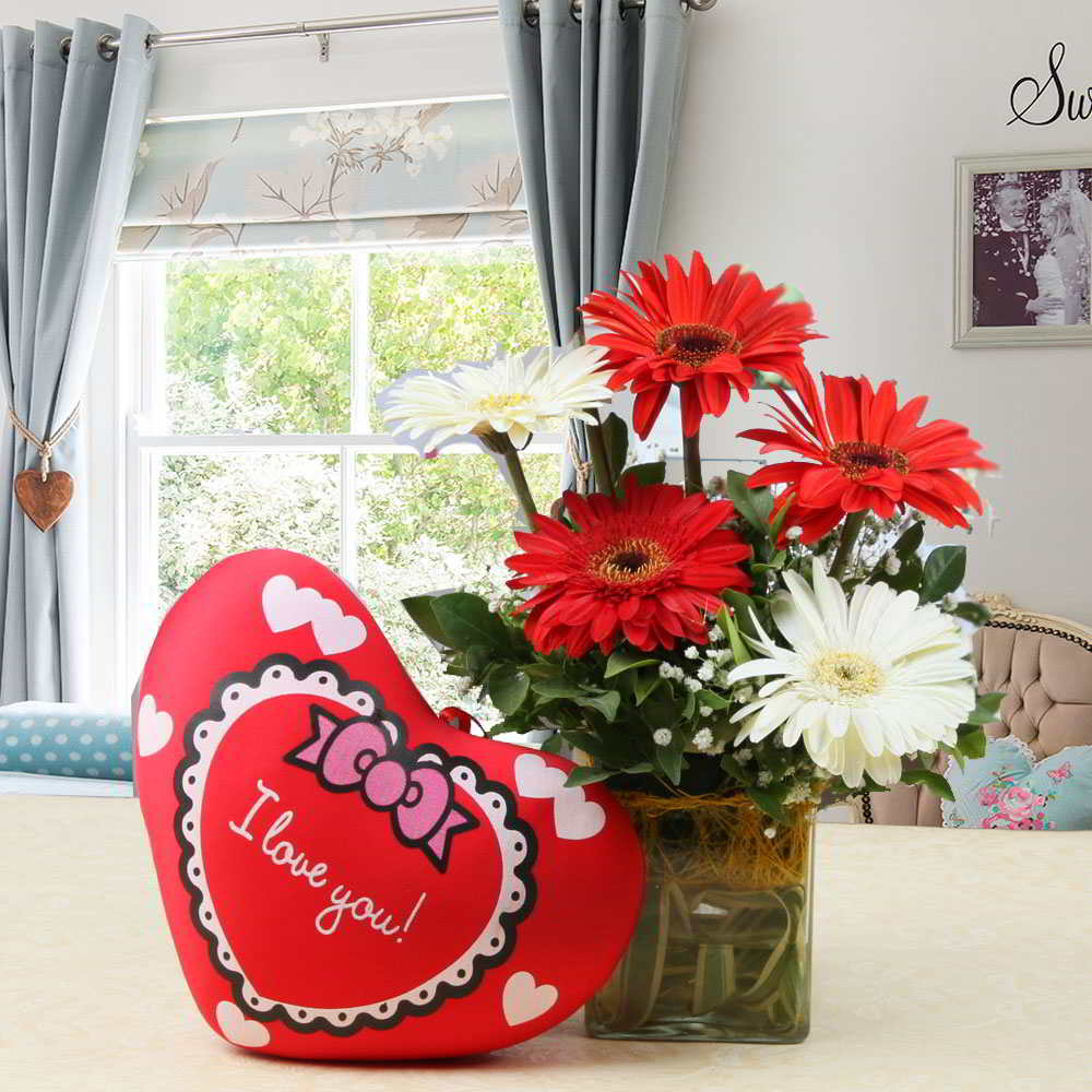 Red and White Gerberas in Vase and Red Heart Small Cushion