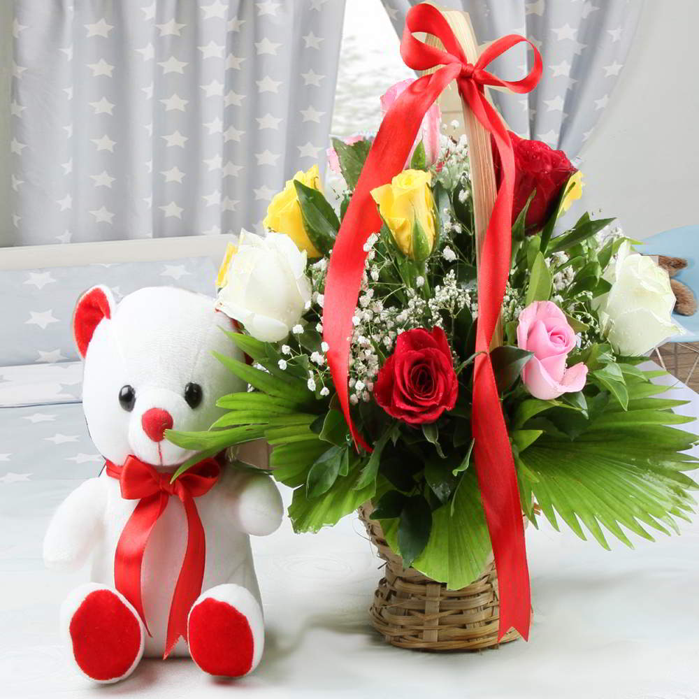 Teddy Bear with Mix Roses Arrangement