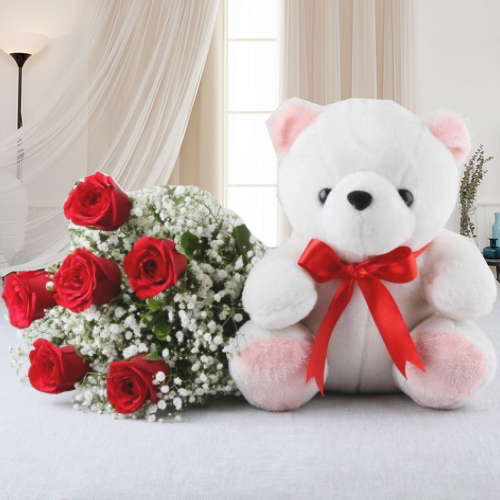 Red Roses Bouquet with Teddy Bear
