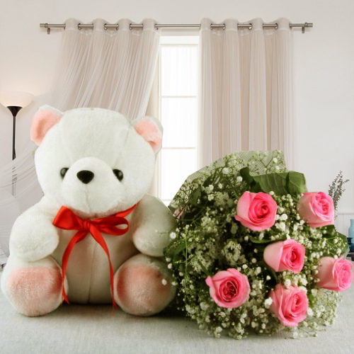 Pink Roses Bouquet with Cute Teddy Bear
