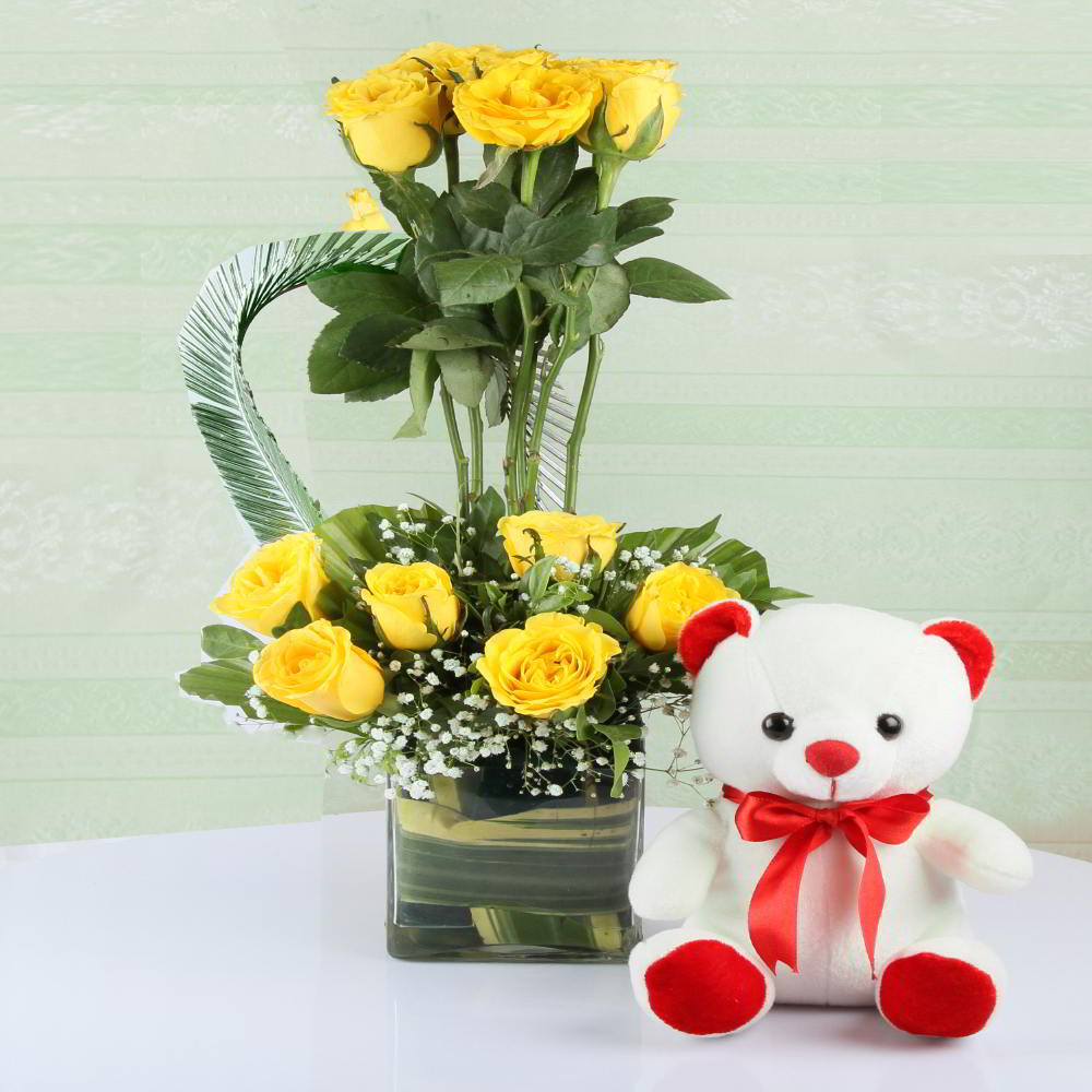 Yellow Roses in Vase Arrangement with Cute Teddy