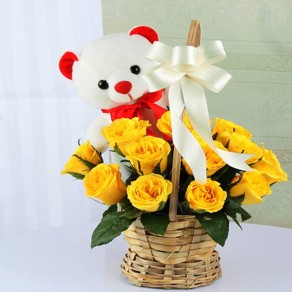 Basket of Yellow Roses with Teddy Bear