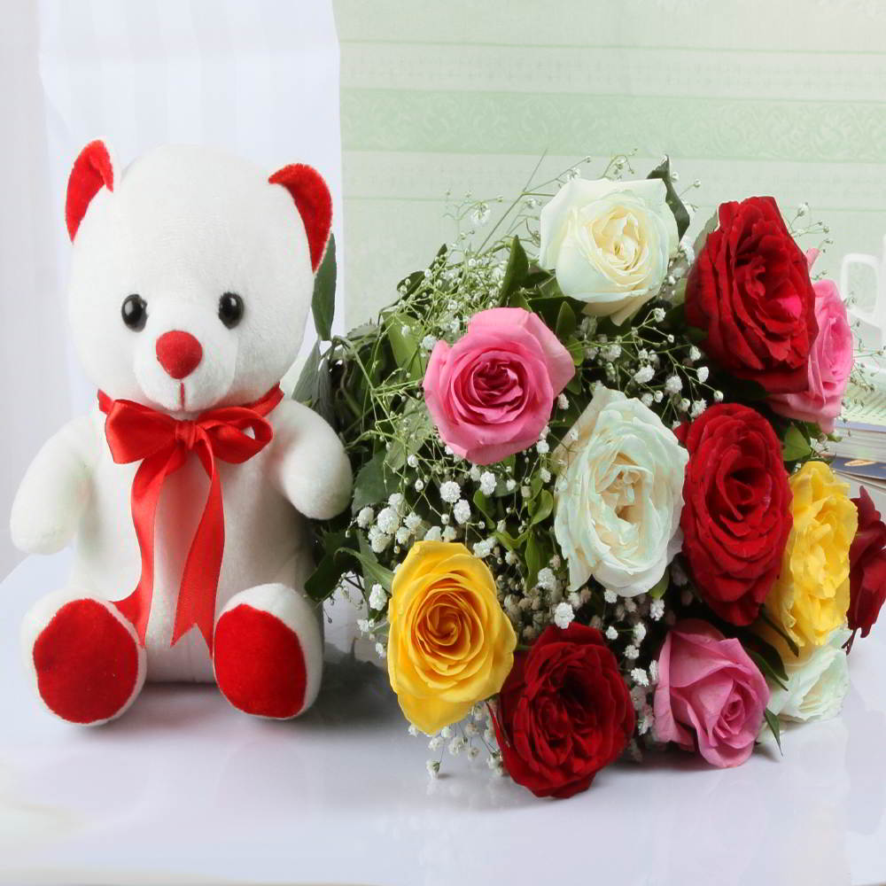 Cuddly Teddy Bear and Roses Bouquet