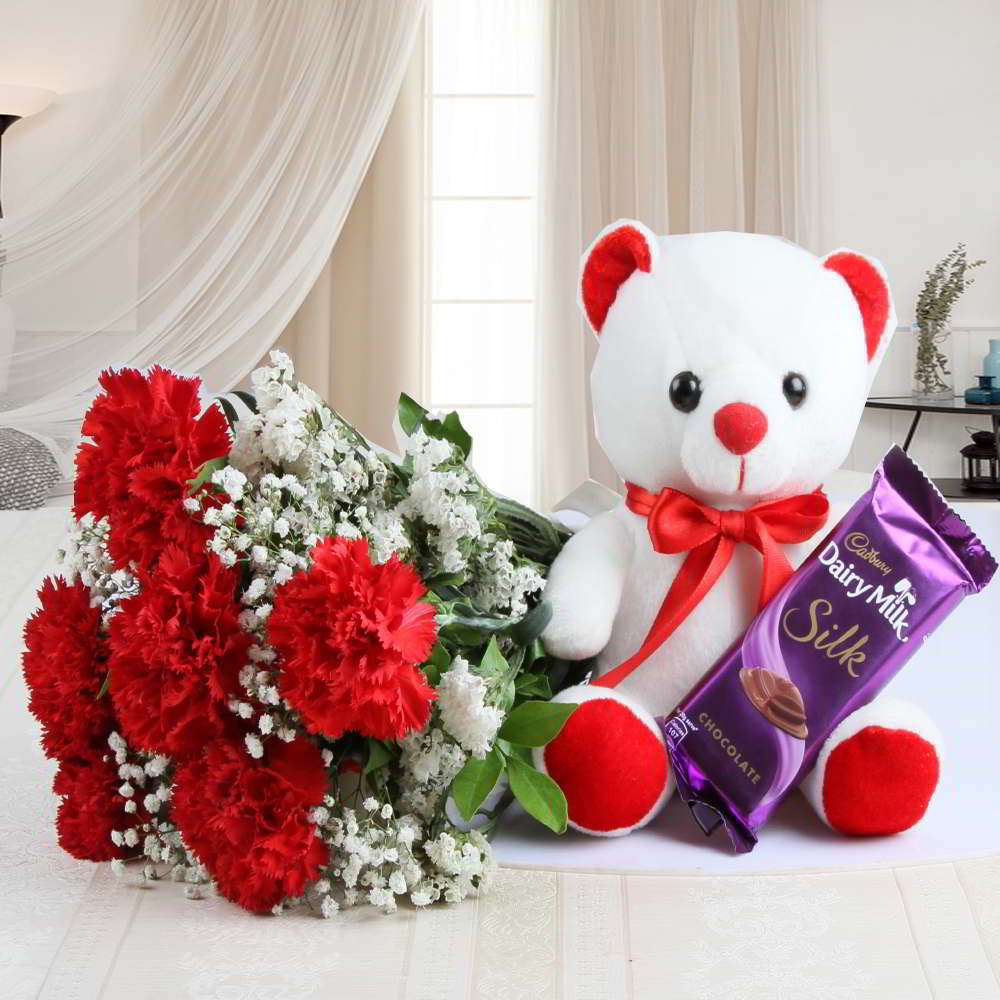 Cadbury Dairy Milk Silk Chocolate with Teddy Bear and Carnation Bouquet