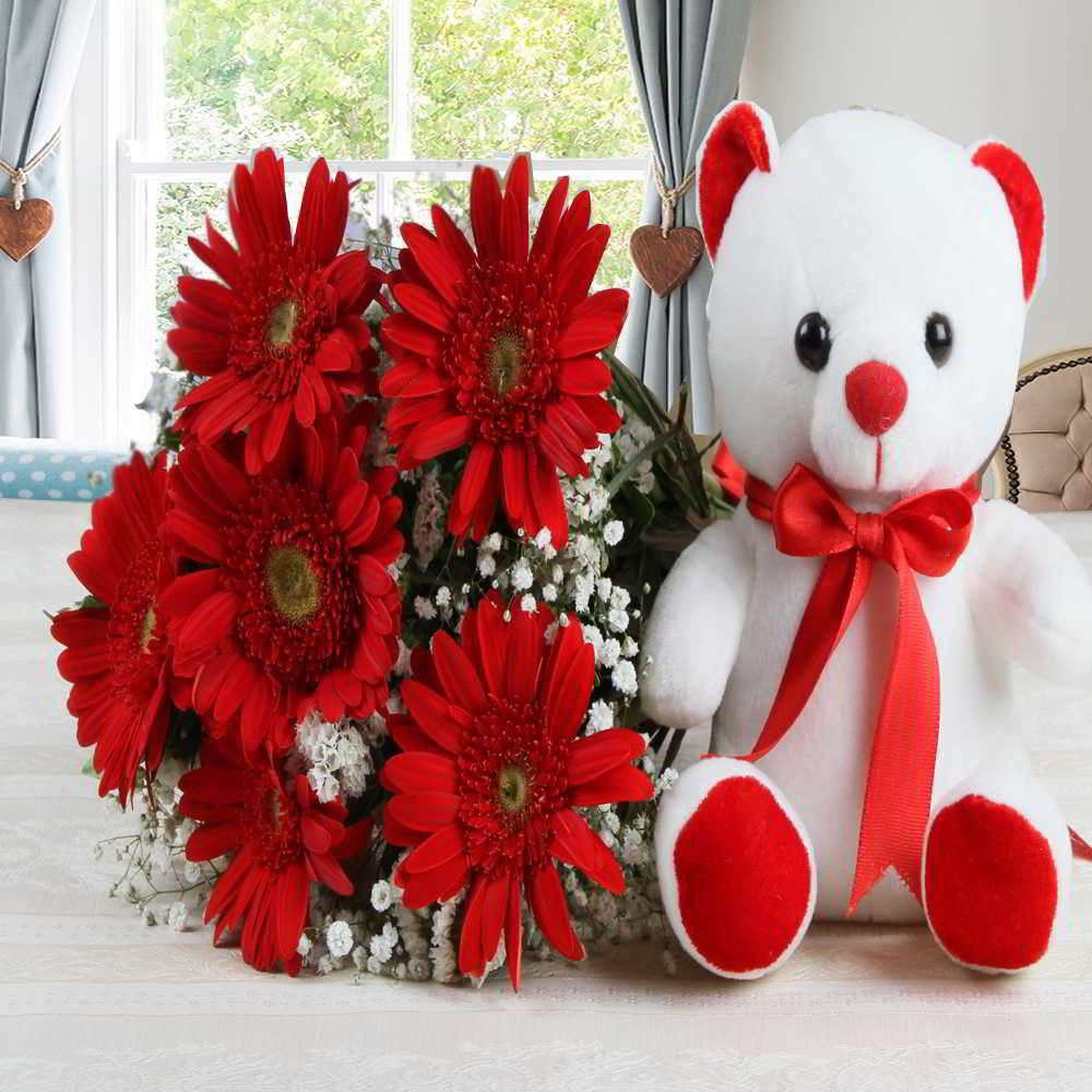 Red Gerberas Bouquet with Teddy Bear