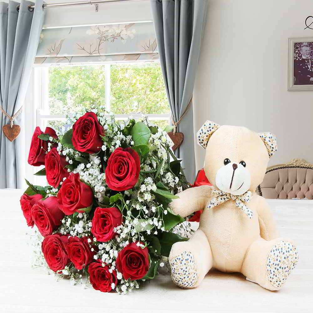 One Dozen Red Roses with Teddy Bear