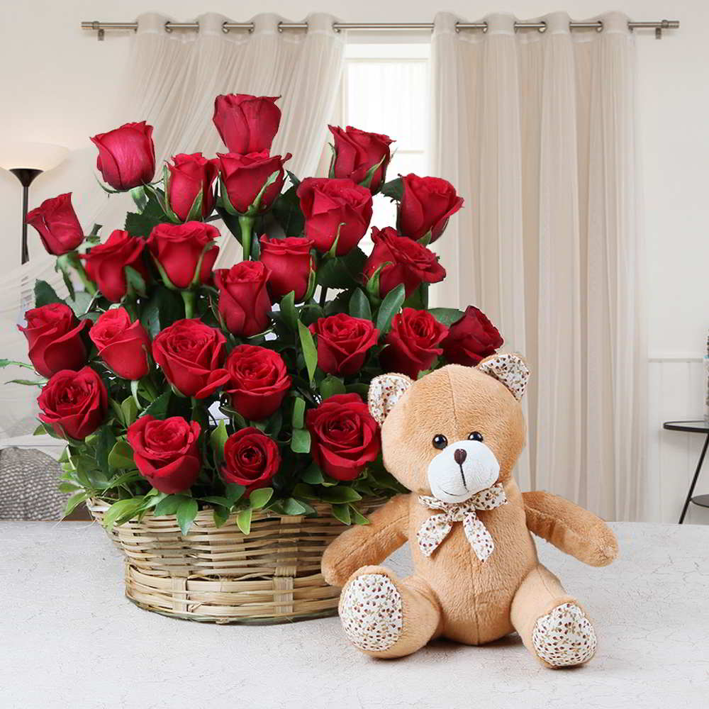 Basket Arrangement of Red Roses with Teddy Bear