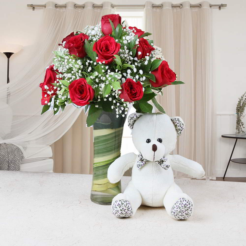 Glass Vase of Red Roses with Teddy Bear