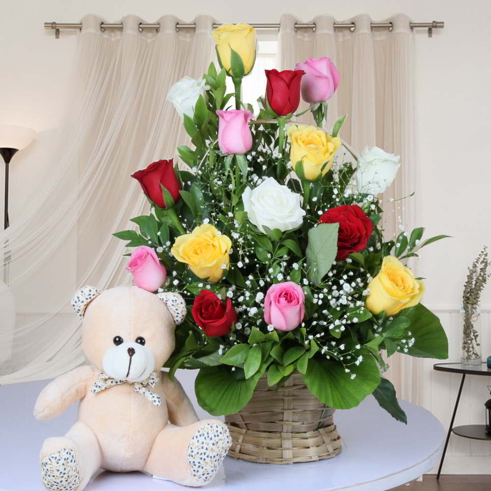 Basket Arrangement of Mix Roses with Teddy Bear