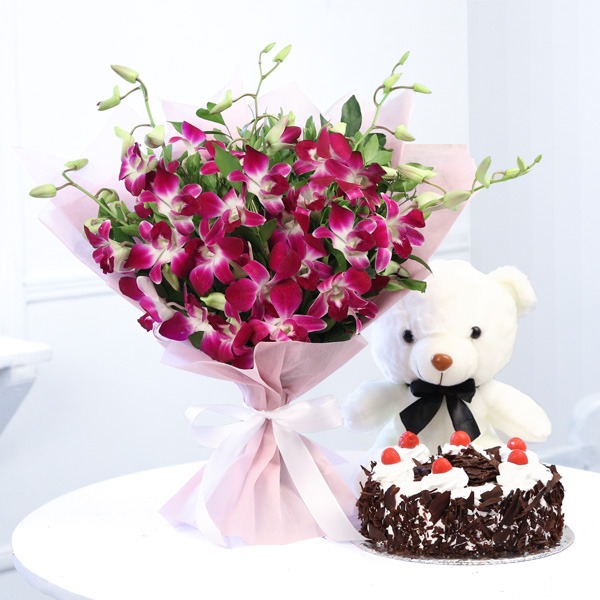 Black Forest Cake with Teddy and Ochids Bouquet