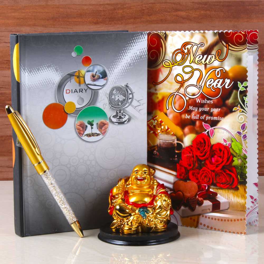 Laughing Buddha with Dairy Book and Pen For New Year Gifting