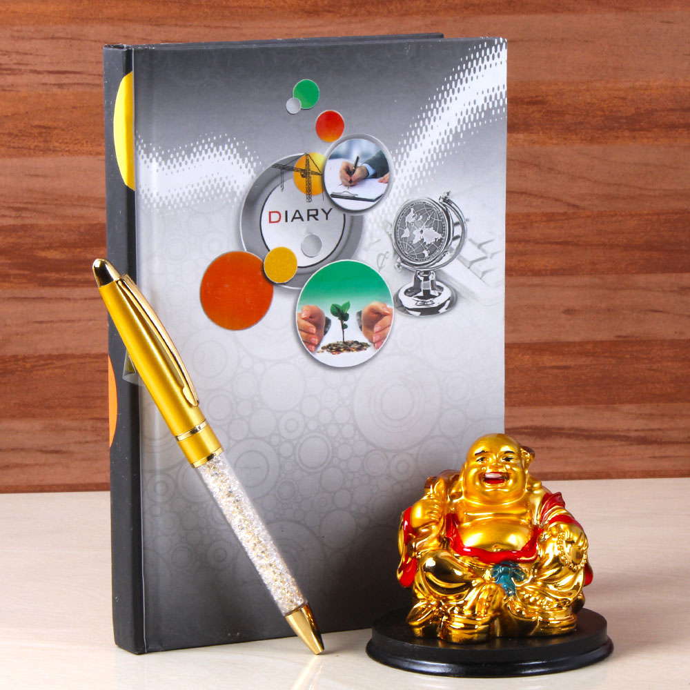 Laughing Buddha with Dairy Book and Pen For New Year Gifting
