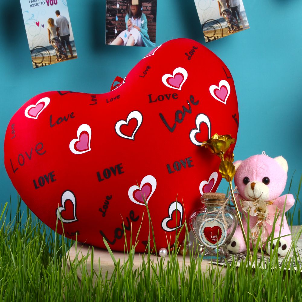 Heart Shape Cushion and Golden rose with Teddy Bear for Mothers Day