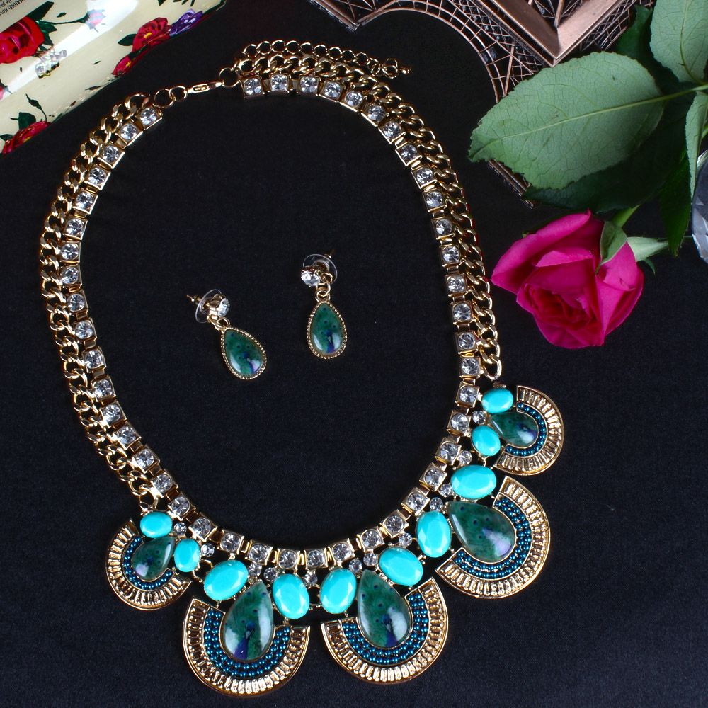 Peacock Print Drops Necklace Set for Mom